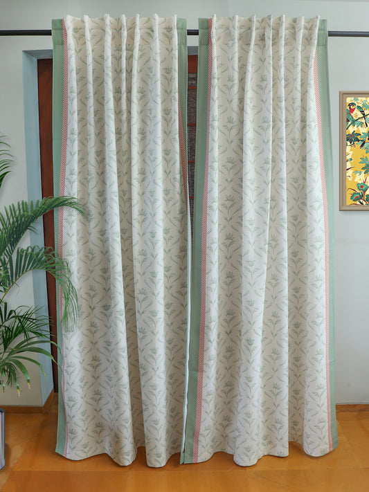 Door Curtain Cotton Blend Floral Digital Printed in White Green Color - 50" x 84" (Pack of 2)(Hidden Loop)