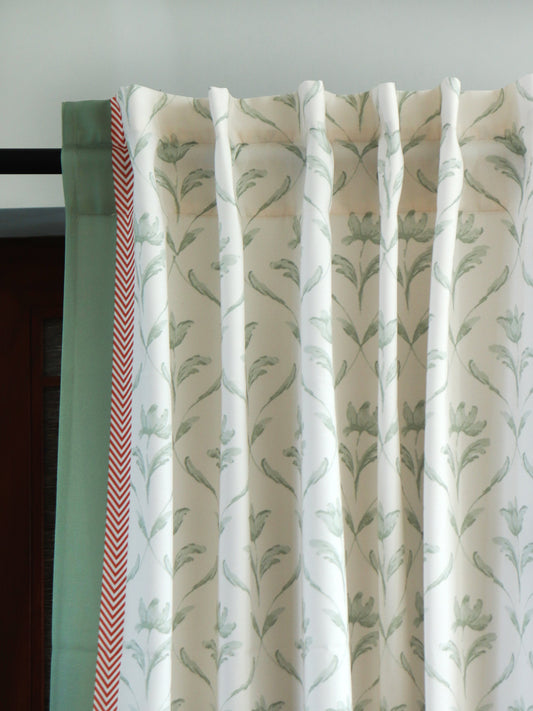 Door Curtain Cotton Blend Floral Digital Printed in White Green Color - 50" x 84" (Pack of 2)(Hidden Loop)