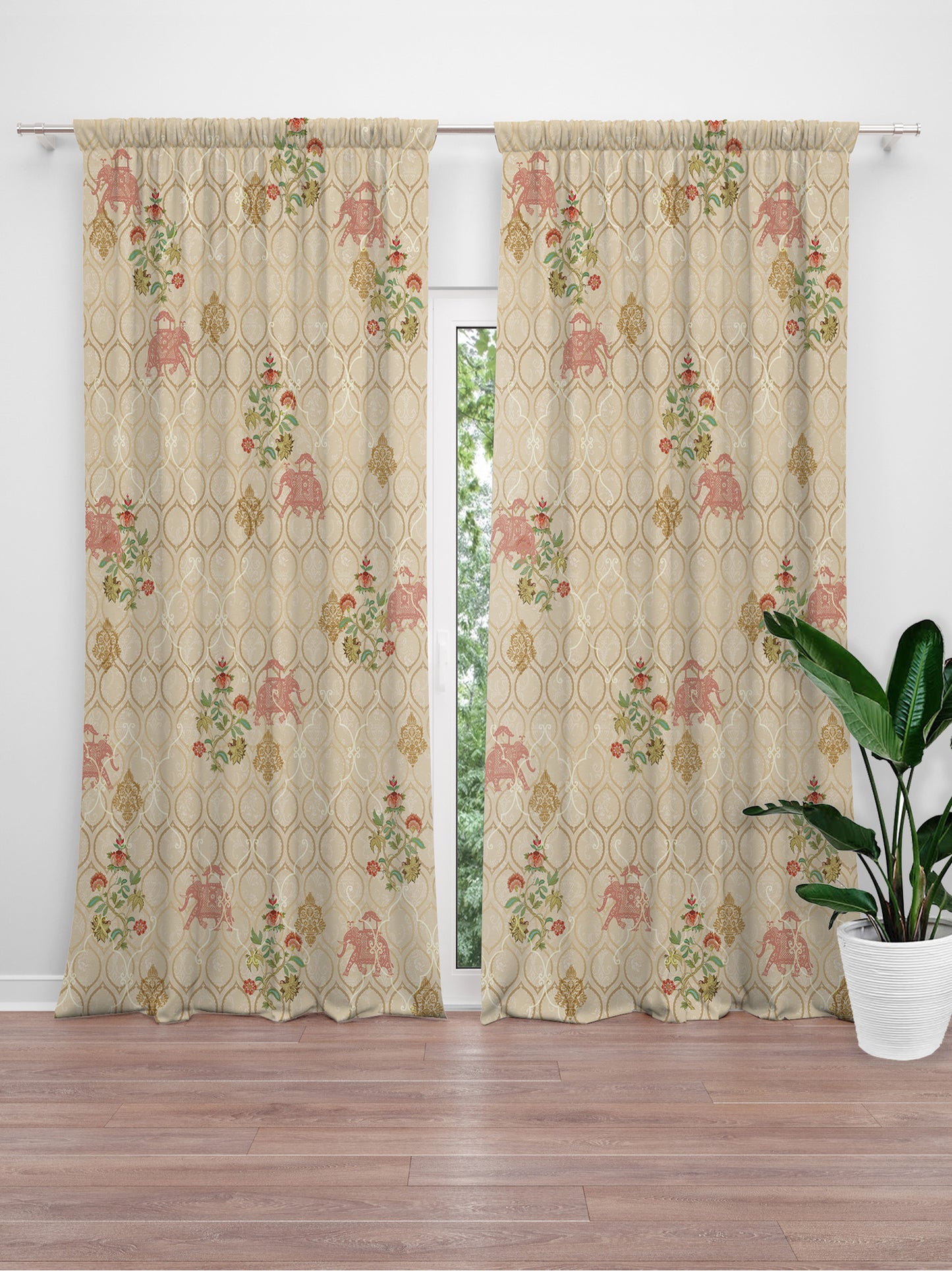 ZEBA World Room Darkening Blackout Door Curtain 7 Feet | Cotton Blend Curtain for Bedroom and Living Room with Hidden Loop | Mughal Garden Printed in Beige Color - 50x84 inches (Pack of 2)