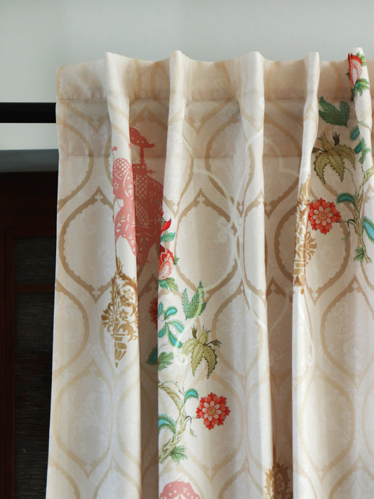 Door Curtain Cotton Blend Mughal Garden Printed in Beige Color - 50" x 84" (Pack of 2)(Hidden Loop)