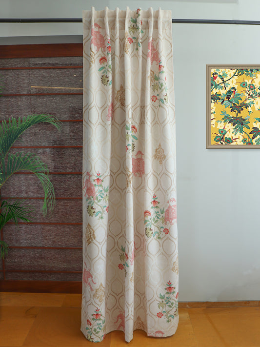 Door Curtain Cotton Blend Mughal Garden Printed in Beige Color - 50" x 84"(Hidden Loop)