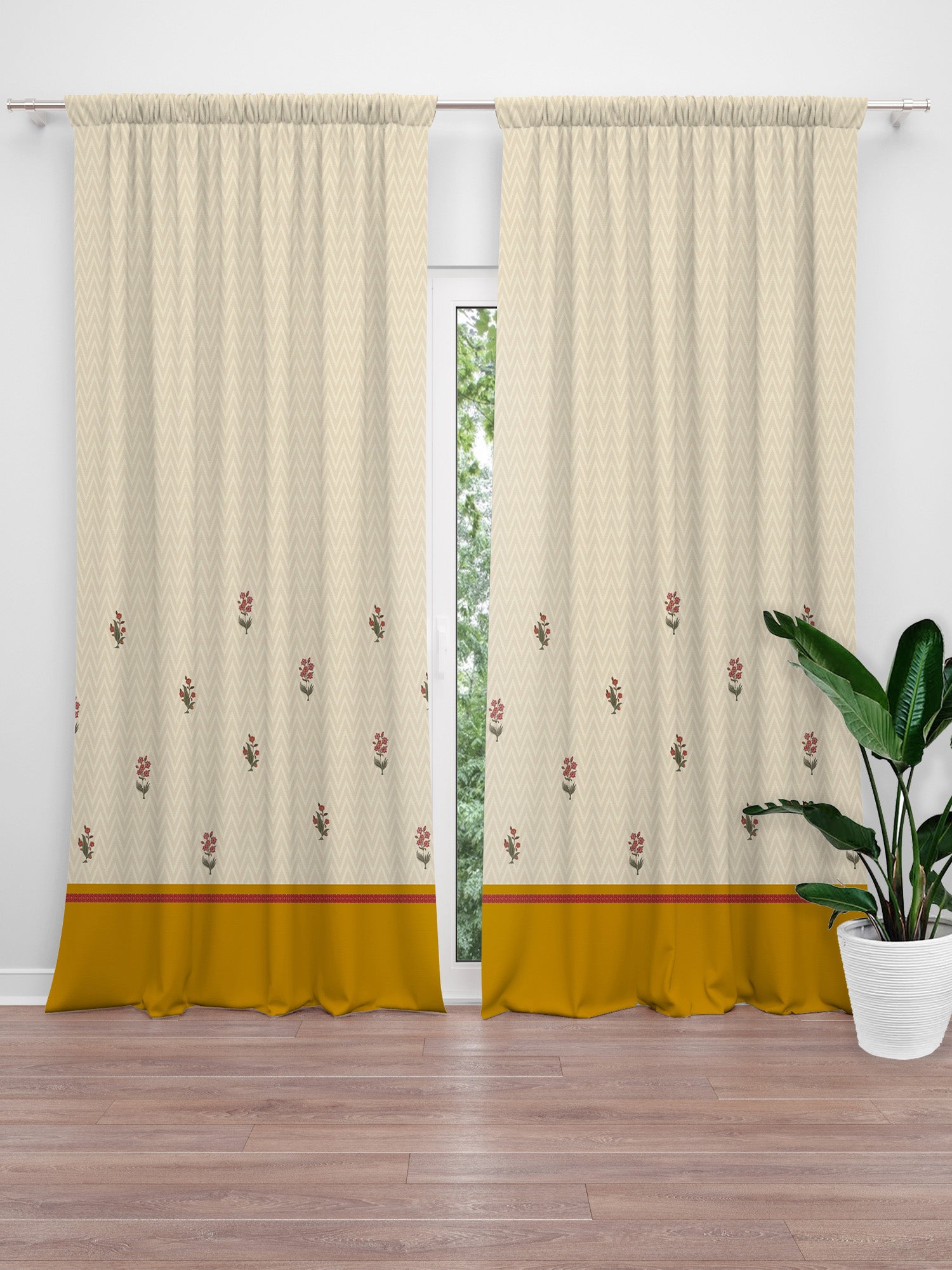 set of 2 blackout door curtains with hidden loop and floral print with mustard border at bottom, 7feet, 50x84 inch
