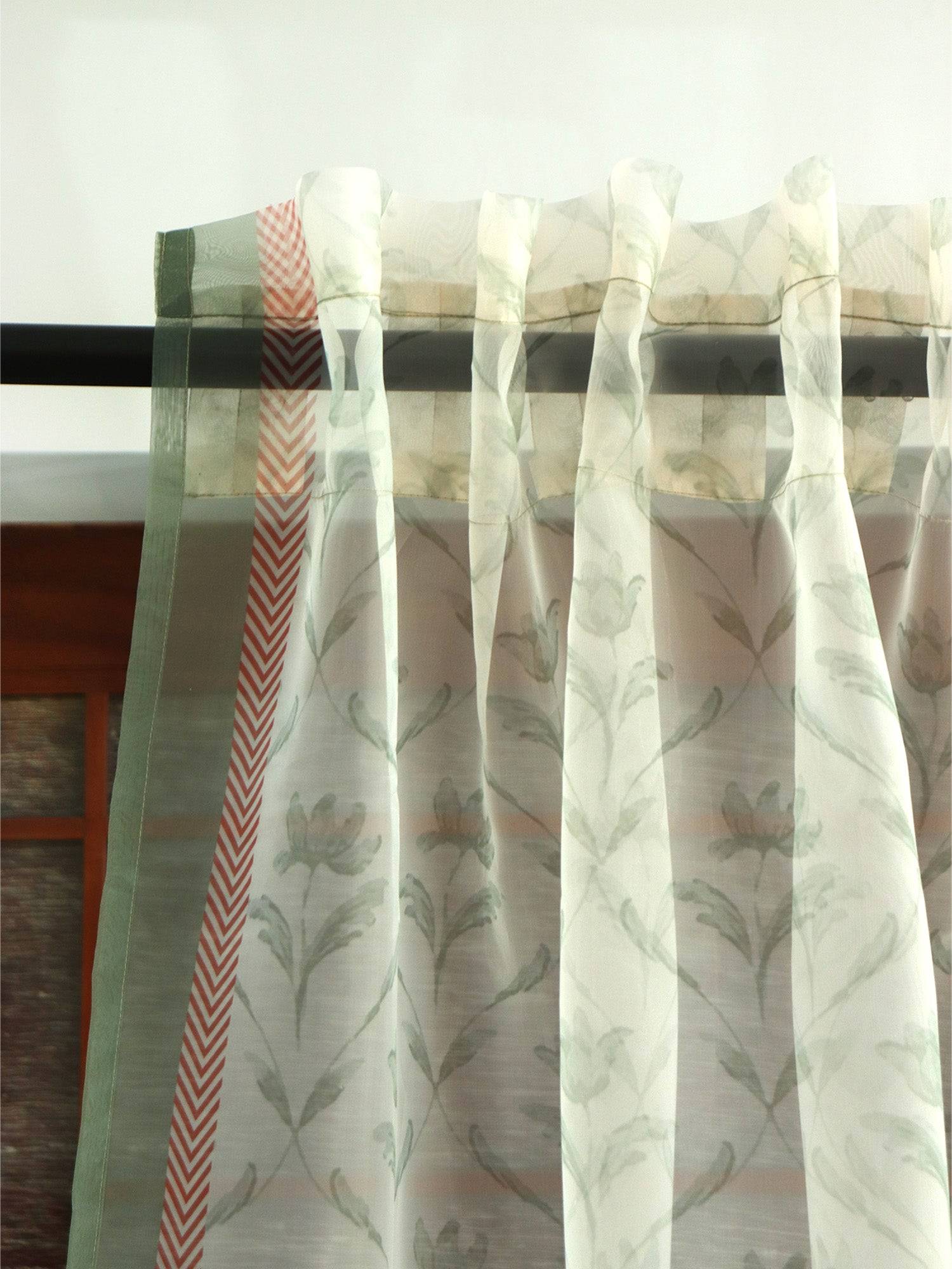 ZEBA World Transparent Organza Sheer Curtain for Door | Bedroom and Living Room | Soft and Light Weight | Floral Printed with Hidden Loop in Multicolor - 50x80 inches (7feet Long) (Pack of 2)