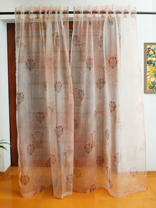 Transparent Organza Sheer Curtain for Door | Bedroom and Living Room | Soft and Light Weight | Mughal Jharokha Printed with Hidden Loop in Multicolor - 50x80 inches (7feet Long) (Pack of 2)