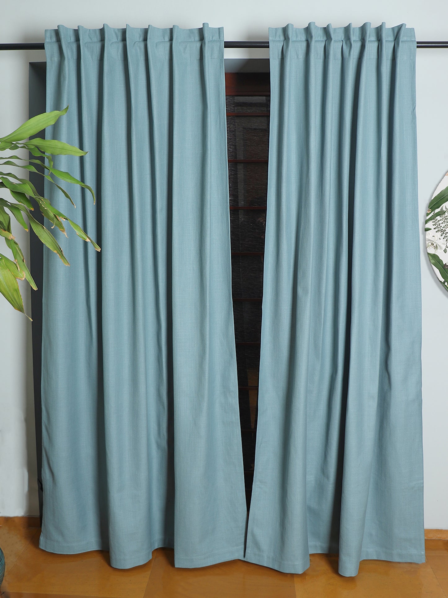 Door Curtain Cotton Self Textured Aqua Blue - 52" X 84" (Hidden Loop) (7ft)