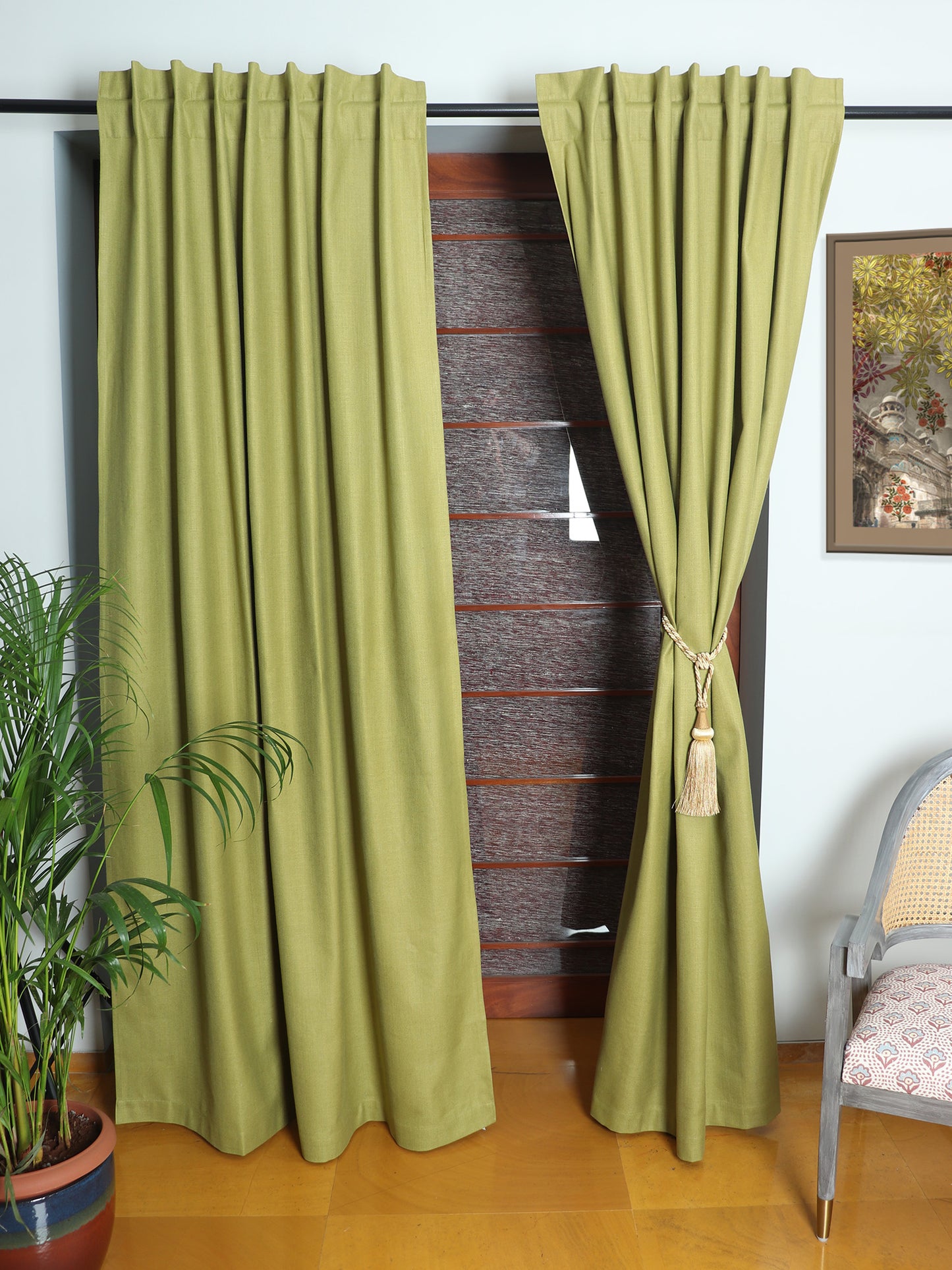 Door Curtain Self Textured Cotton Blend Green - 52" X 84" (Hidden Loop) (7ft)