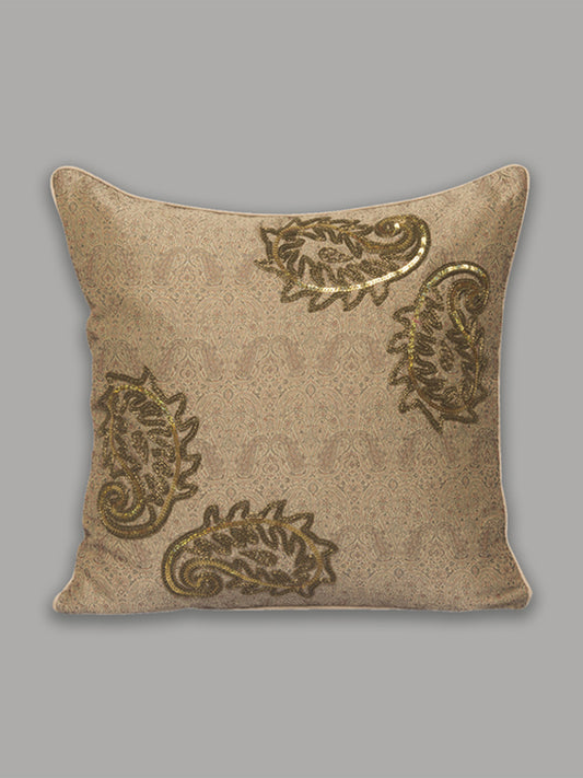 Embroidered Cushion Cover Brocade Silk Beige - 16" X 16"