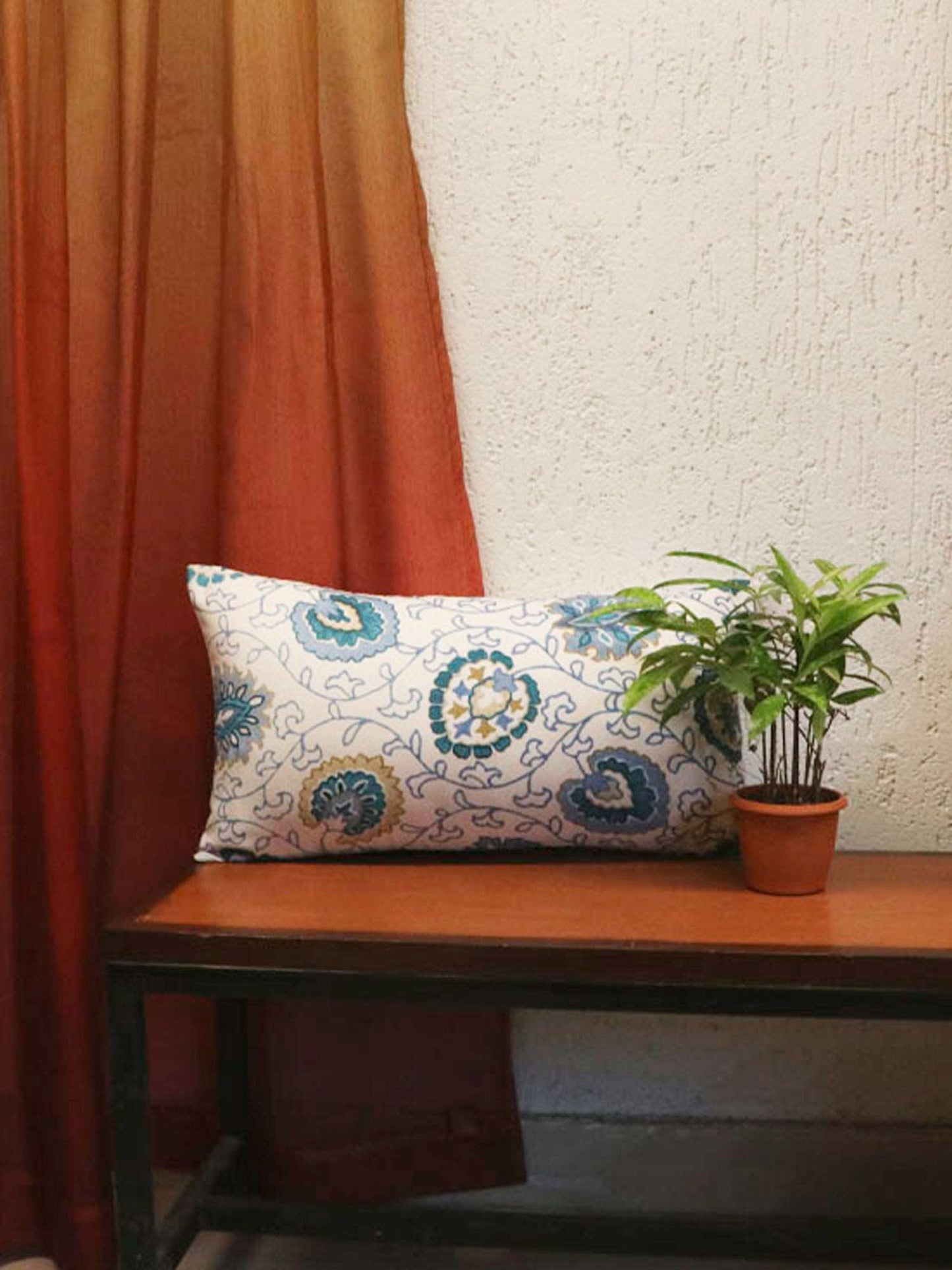 Cushion Cover Polyster Floral Turquoise Blue - 12" X 22"
