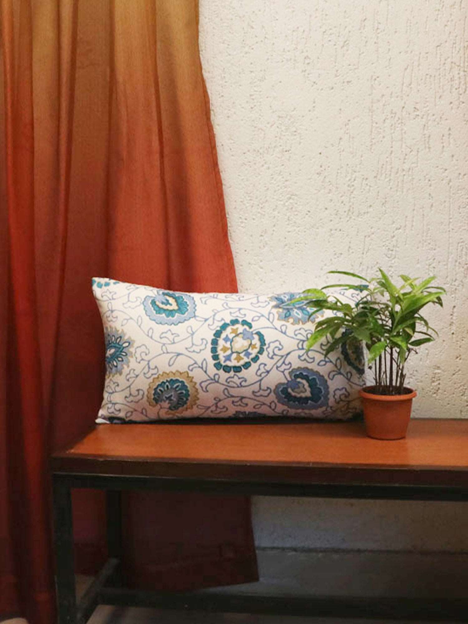 Cushion Cover Polyster Floral Turquoise Blue - 12" X 22"