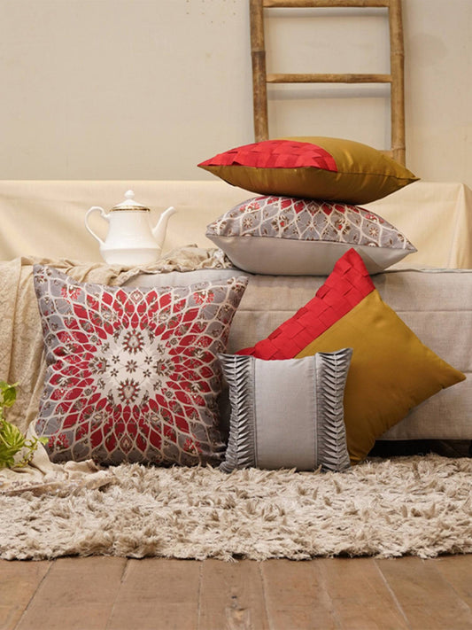 Co-ordinated Cushion Cover Set Of 5 Polyester Printed & Technique Multi Color -20x20+16x16+12x12inches
