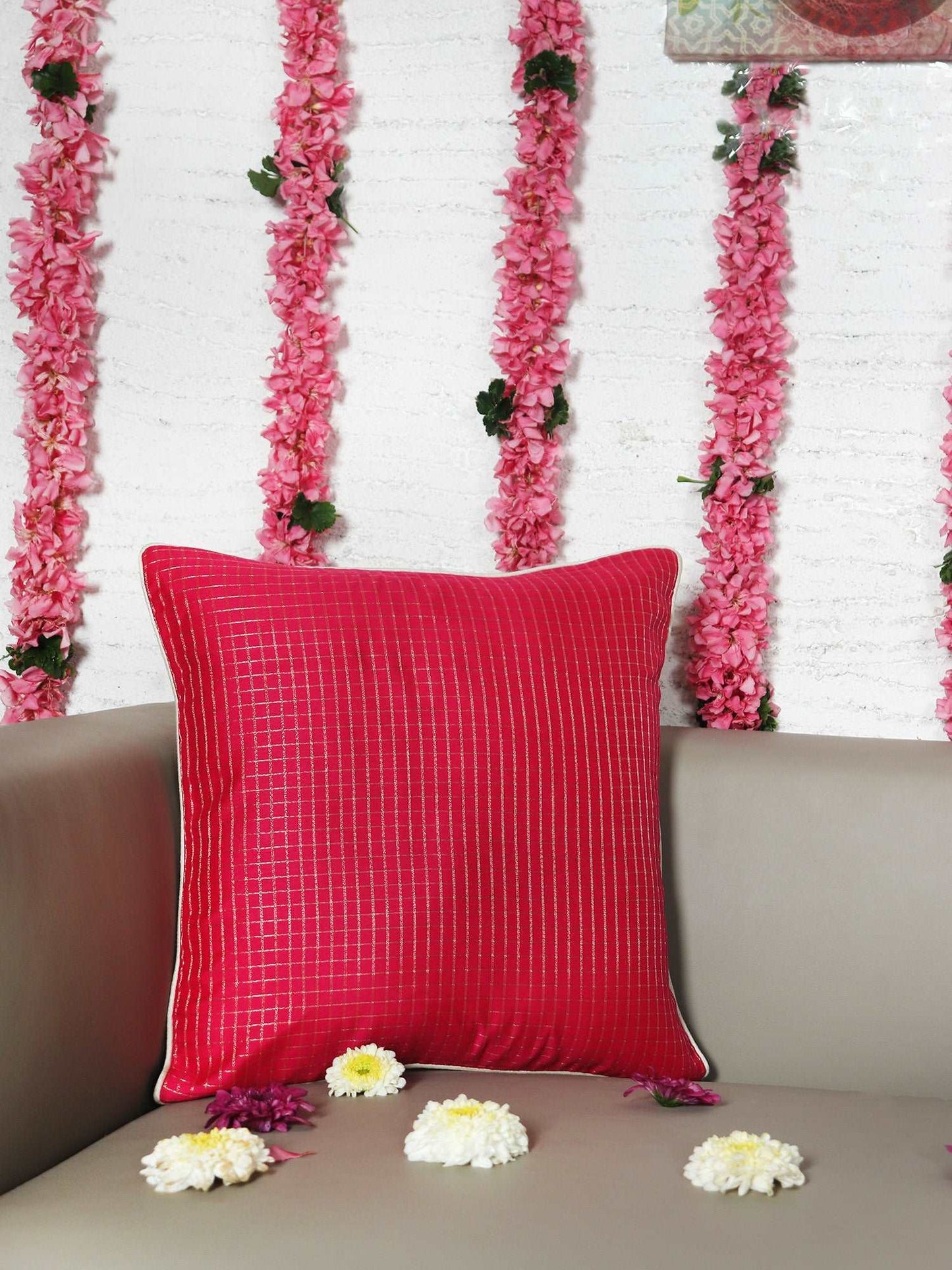 Cushion Cover for Sofa, Bed Varanasi Silk Cord Piping | Pink - 16x16in(40x40cm) (Pack of 1)