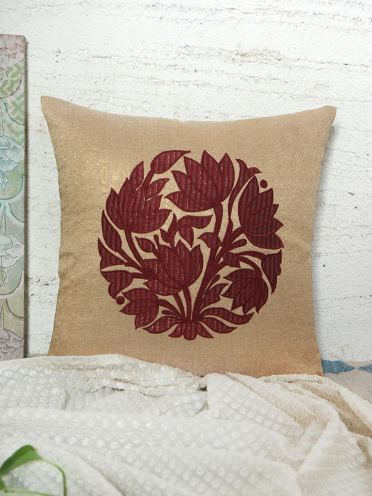 Cushion Cover for Sofa, Bed | Varanasi Silk with Floral Embroidery | Golden - 16x16in(40x40cm) (Pack of 1)