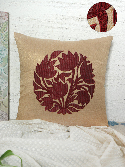 Cushion Cover for Sofa, Bed | Varanasi Silk with Floral Embroidery | Golden - 16x16in(40x40cm) (Pack of 1)