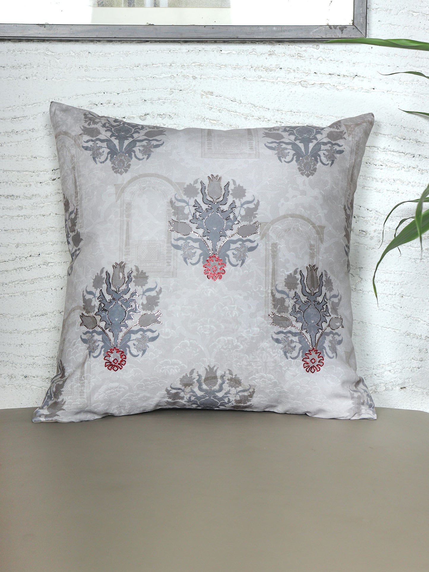 Eurosham Cushion Cover with Mughal Motif Print with Hand Embroidery - Polycanvas | Grey - 20x20in