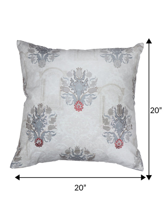 Eurosham Cushion Cover with Mughal Motif Print with Hand Embroidery - Polycanvas | Grey - 20x20in