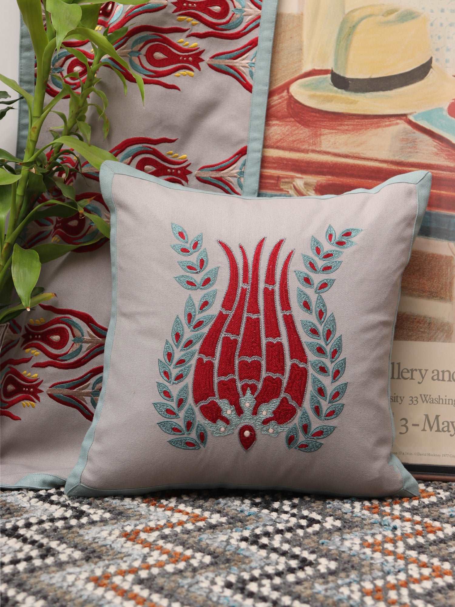 Cushion Cover Cotton Aari with Hand Embroidery and Border Floral Grey - 16 X 16 In