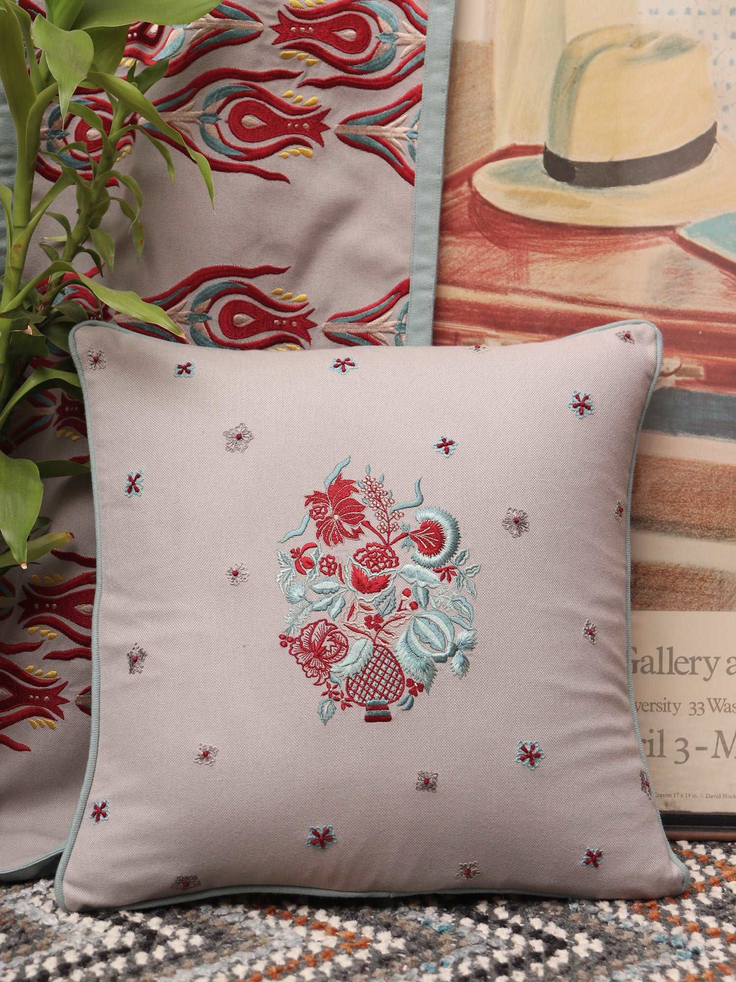 Cushion Cover Cotton Hand Embroidery Grey - 16 X 16 In
