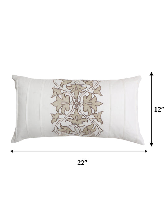 Cushion Cover Cotton with Applique, Machine Embroidery and Handwork & Pleats in White-  12x22inches