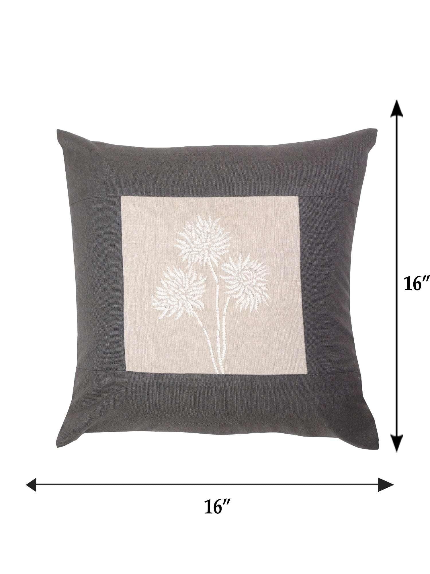 Cushion Cover Cotton Patchwork and Floral hand Embroidery Dark Grey - 16inches X 16inches