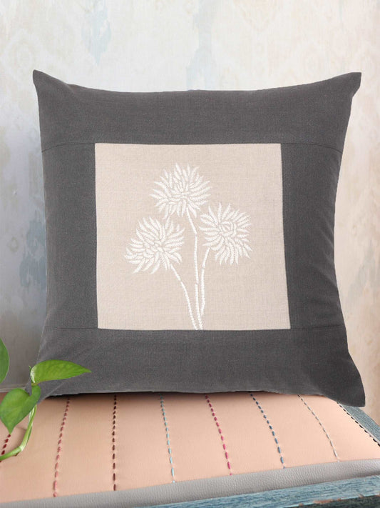 Cushion Cover Cotton Patchwork and Floral hand Embroidery Dark Grey - 16inches X 16inches