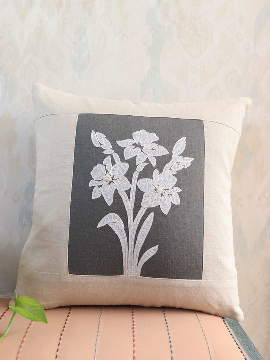 Cushion Cover Cotton Floral Patchwork, Applique and Hand Embroidery  Biege - 16inches X 16inches