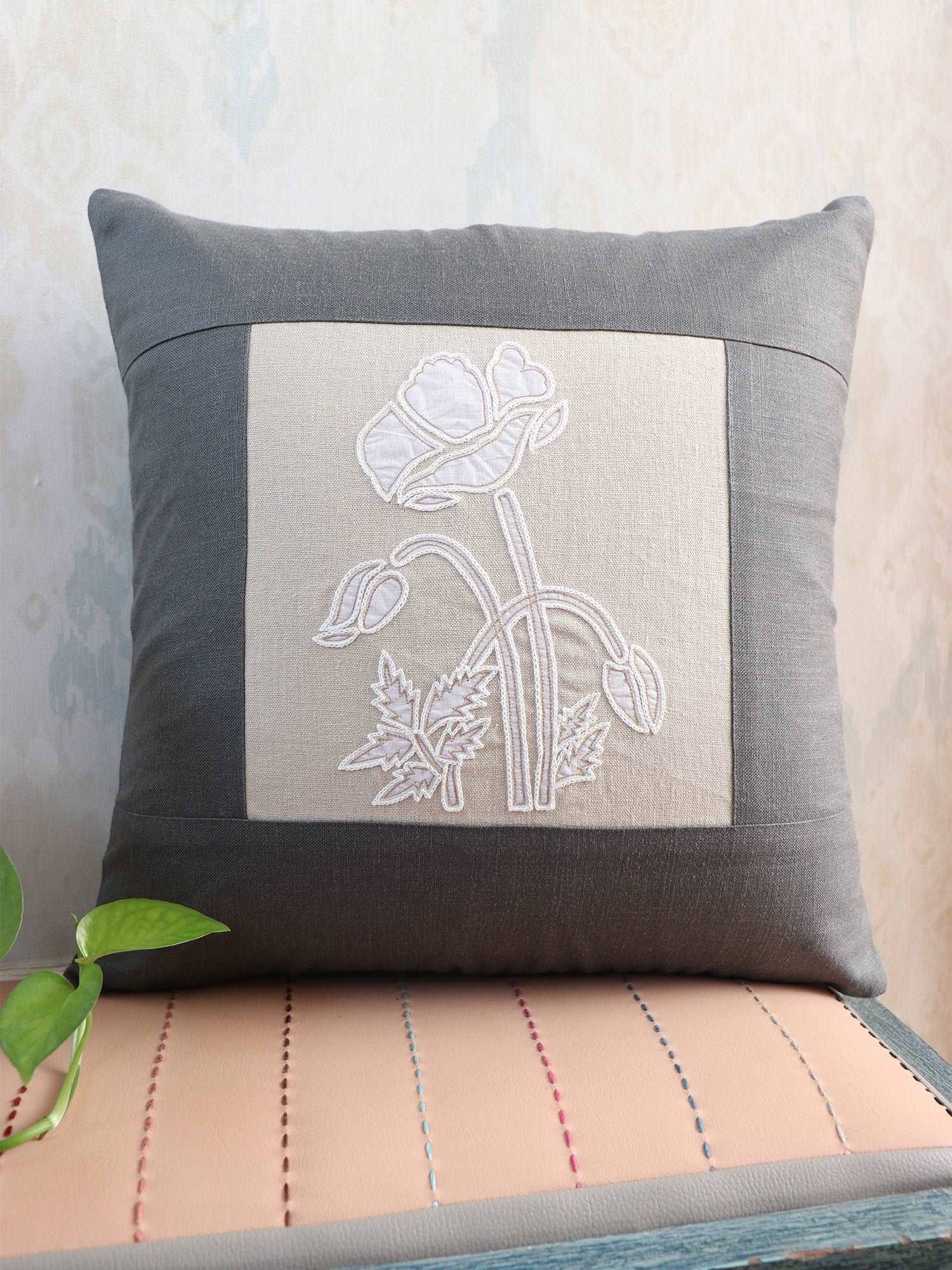 Cushion Cover Cotton Floral Patchwork, Applique and Hand Embroidery  Dark Grey - 16inches X 16inches