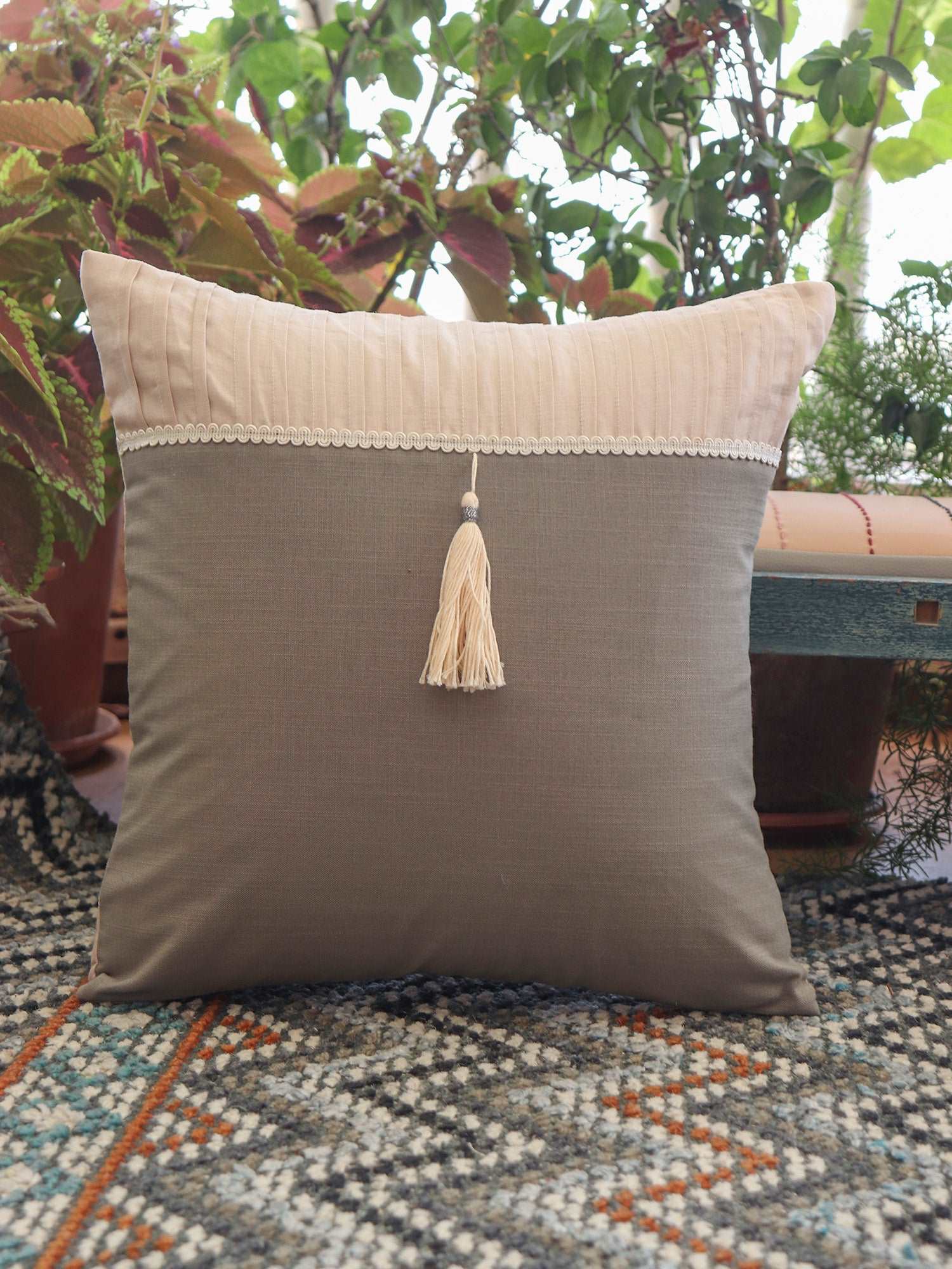 Cushion Cover Cotton Patchwork, Pleats and Tassels Laces Grey - 16inches X 16inches