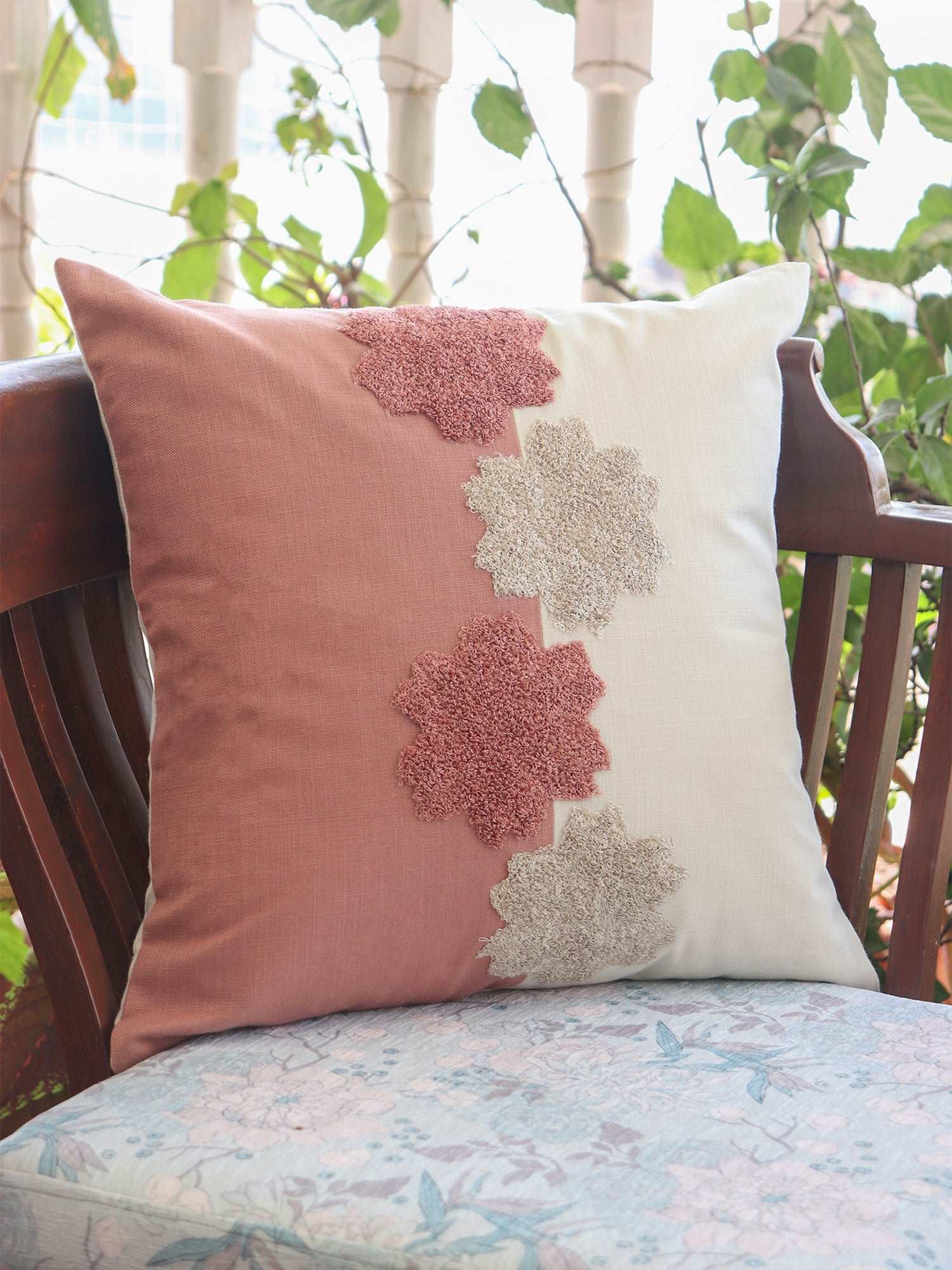 Cushion Cover Cotton Blend Floral Aari Embroidery with Patchwork Dark Coral - 16inches X 16inches