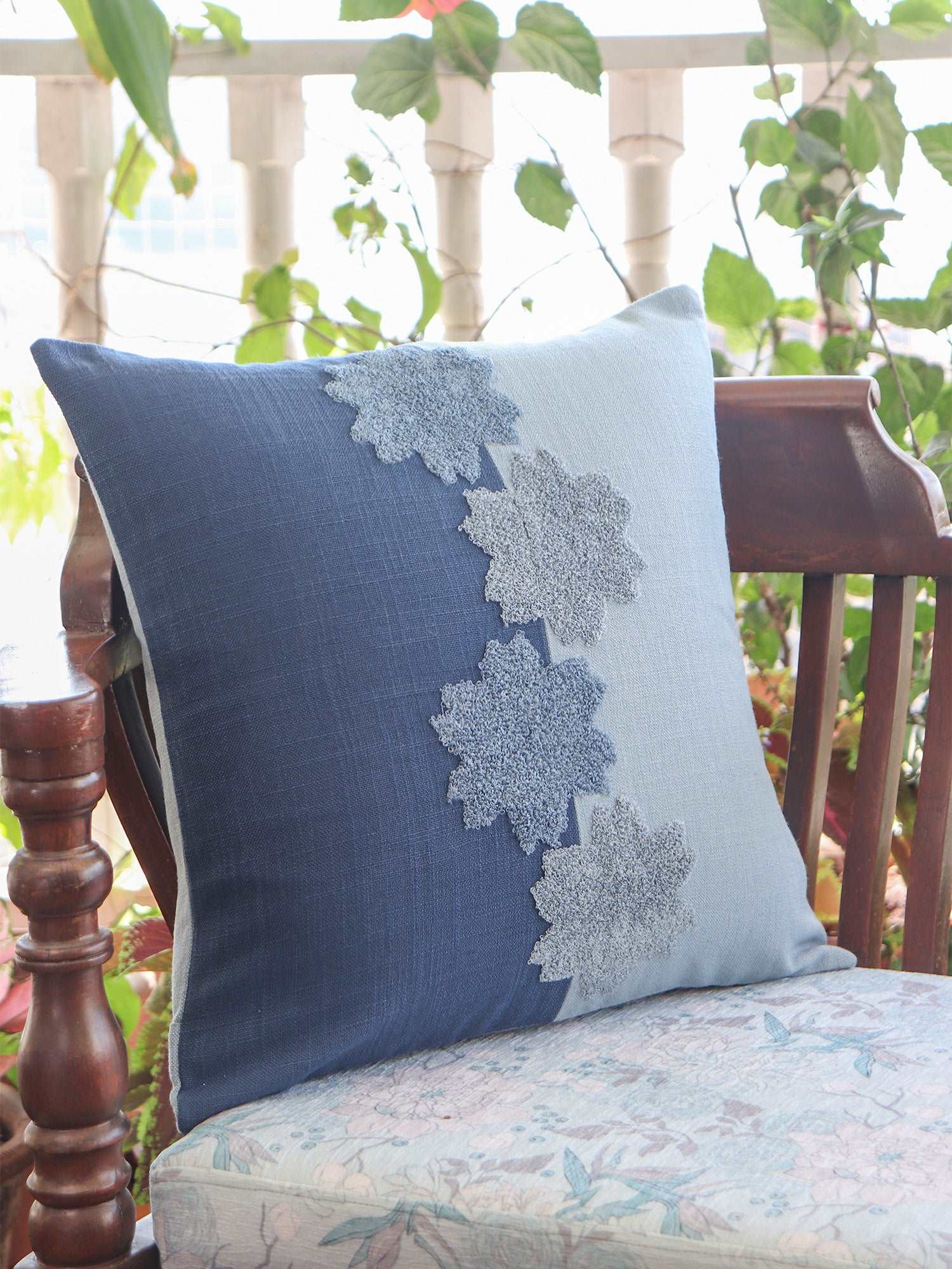 Cushion Cover Cotton Blend Floral Aari Embroidery with Patchwork Navy Blue - 16inches X 16inches