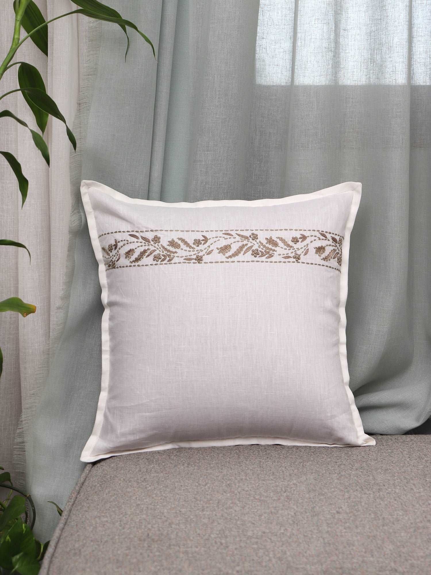 Cushion Cover Cotton Floral Embroidery White  - 16inches X 16inches