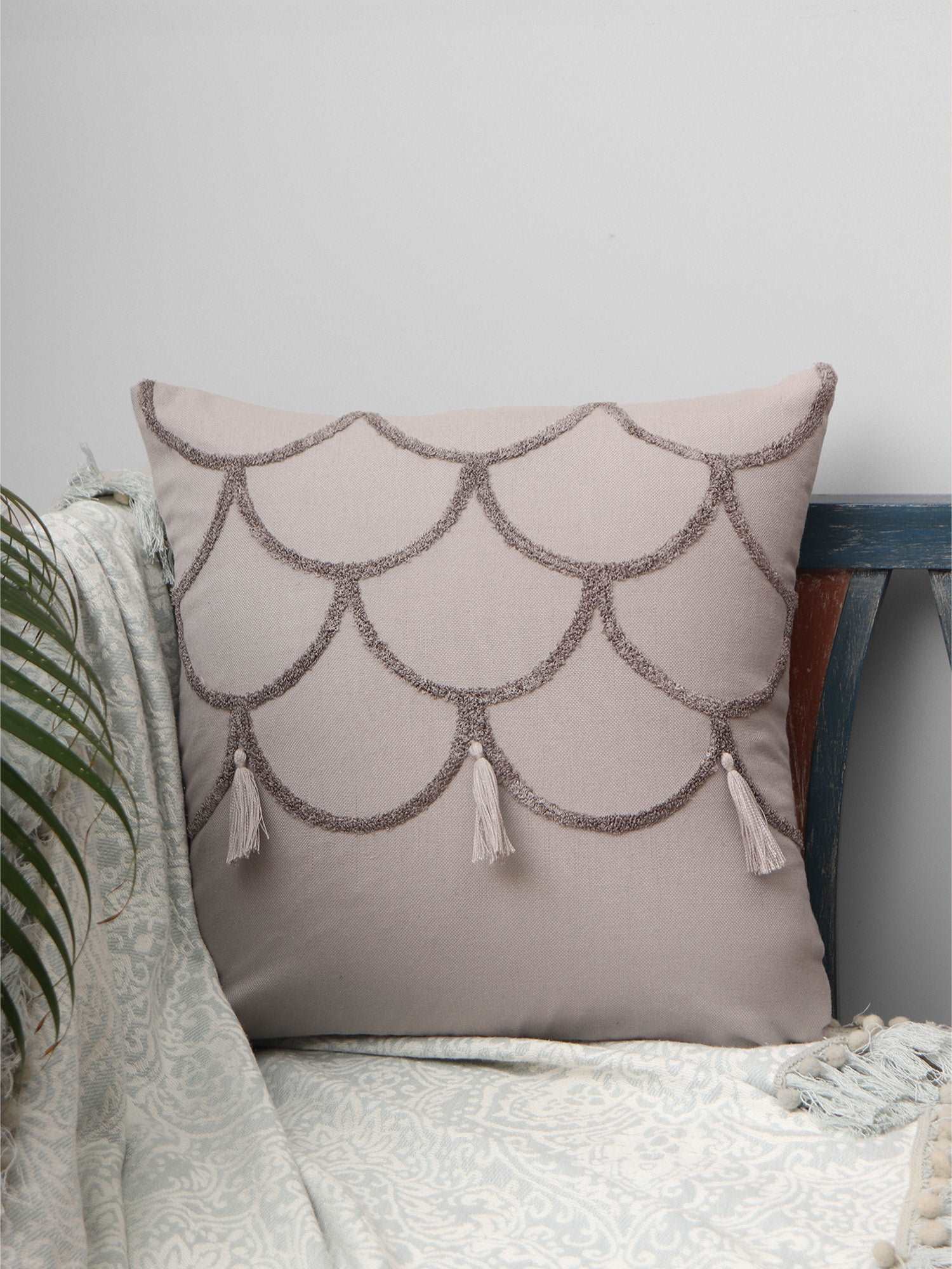Cushion Cover Cotton Blend Floral Aari and Towel Textured Embroidery with Tassels Grey - 16inches X 16inches