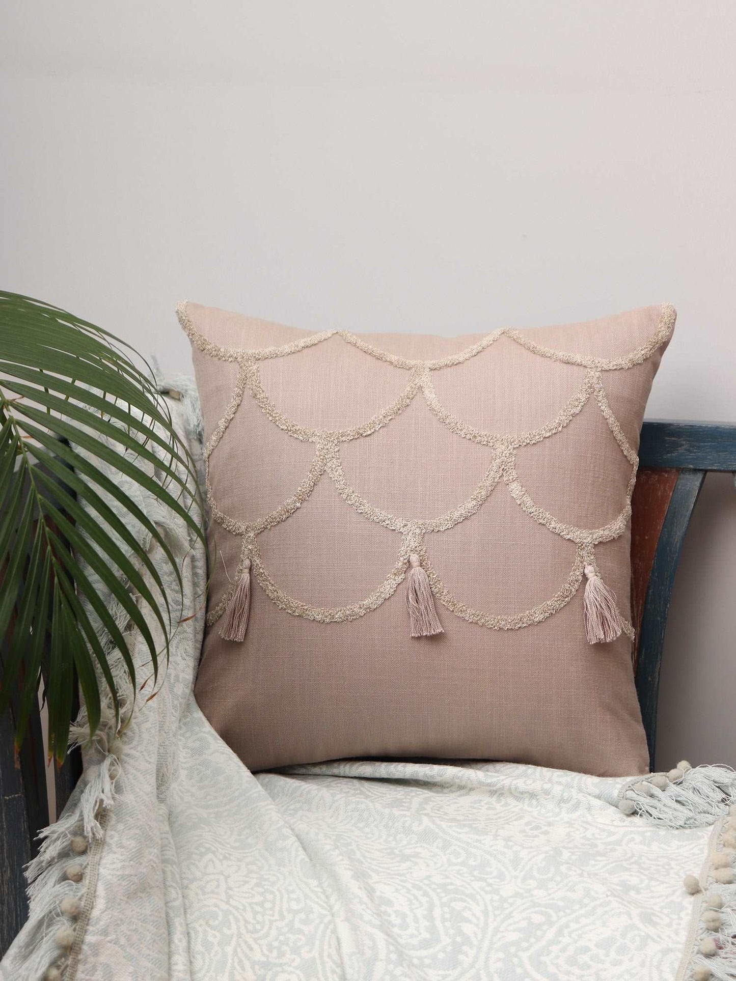Cushion Cover Cotton Blend Aari and Towel Textured Embroidery with Tassels Beige - 16inches X 16inches