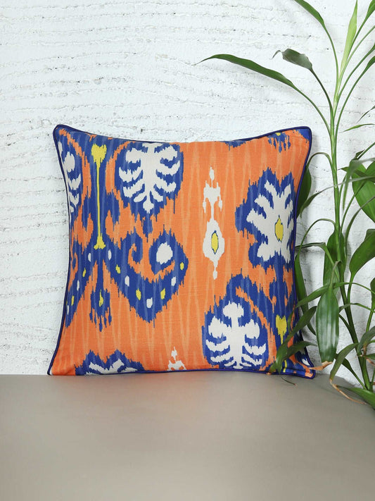 Cushion Cover for Sofa, Bed Poly Canvas Ikat Print | Orange Blue - 16x16in(40x40cm) (Pack of 1)