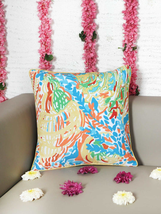 Cushion Cover for Sofa, Bed Cotton Polyester| Floral Design with Cord Piping | MultiColor - 16x16in (40x40cm) (Pack of 1)