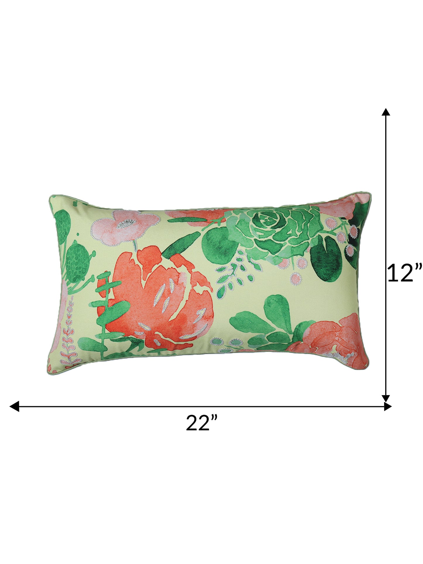 Cushion Cover for Sofa, Bed | Cotton Polyester| Floral Design | Hand Embroidery with Cord Piping | Multicolor - 12x22in(30x56cm) (Pack of 1)
