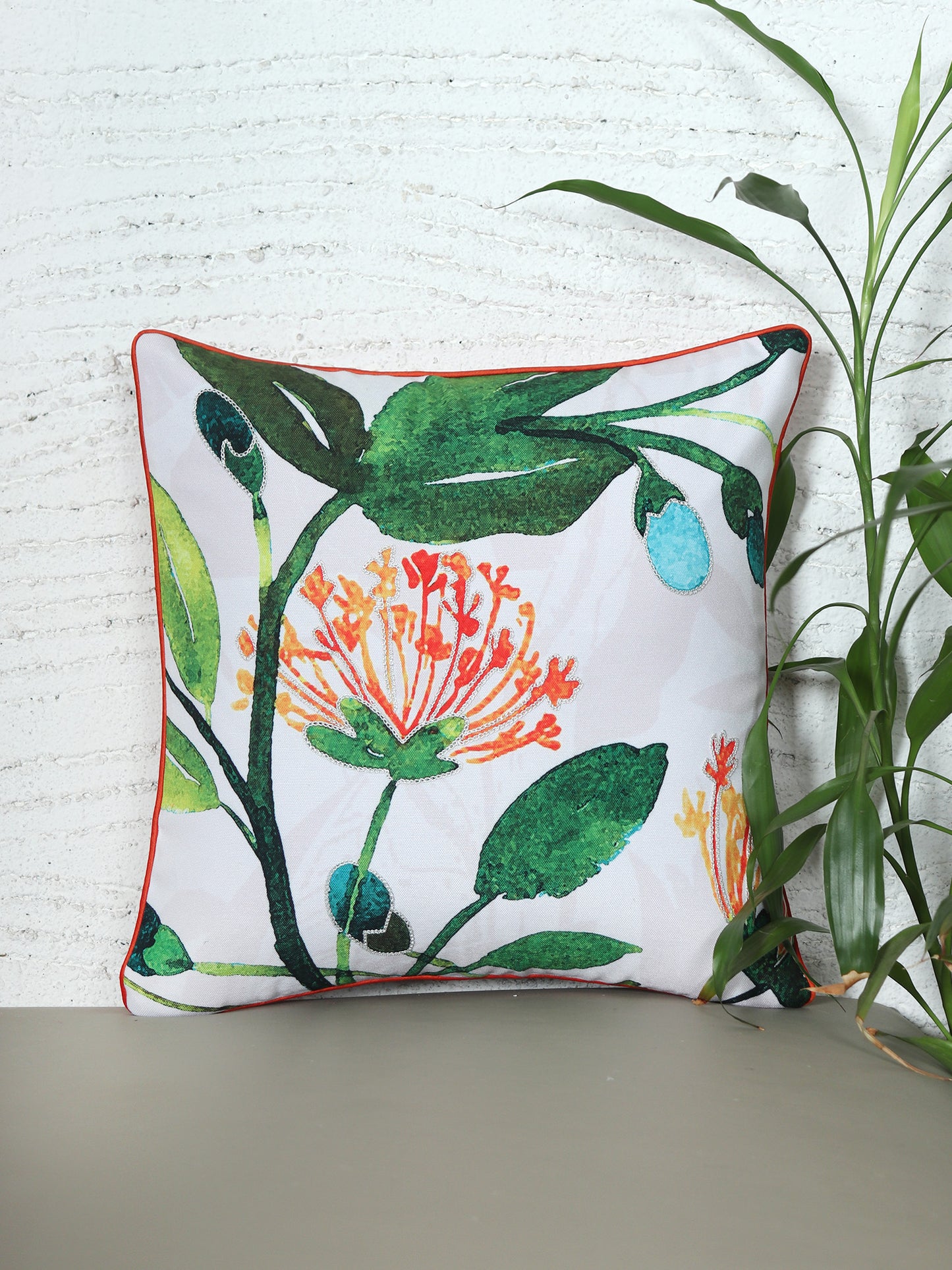 Cushion Cover for Sofa, Bed | Cotton Polyester| Floral Design | Hand Embroidery with Cord Piping | Multicolor - 16x16in(40x40cm) (Pack of 1)