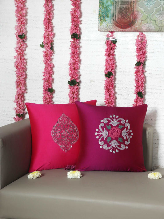 Cushion Cover for Sofa, Bed | Polyester Floral Motif Embroidery | Multi Color - 16x16in(40x40cm) (Pack of 2)