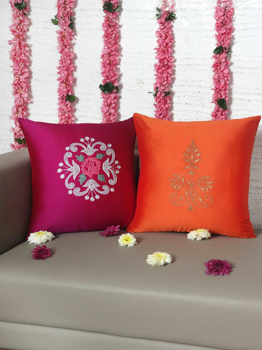 Cushion Cover for Sofa, Bed | Polyester  Motif Floral Embroidery | Multi Color - 16x16in(40x40cm) (Pack of 2)