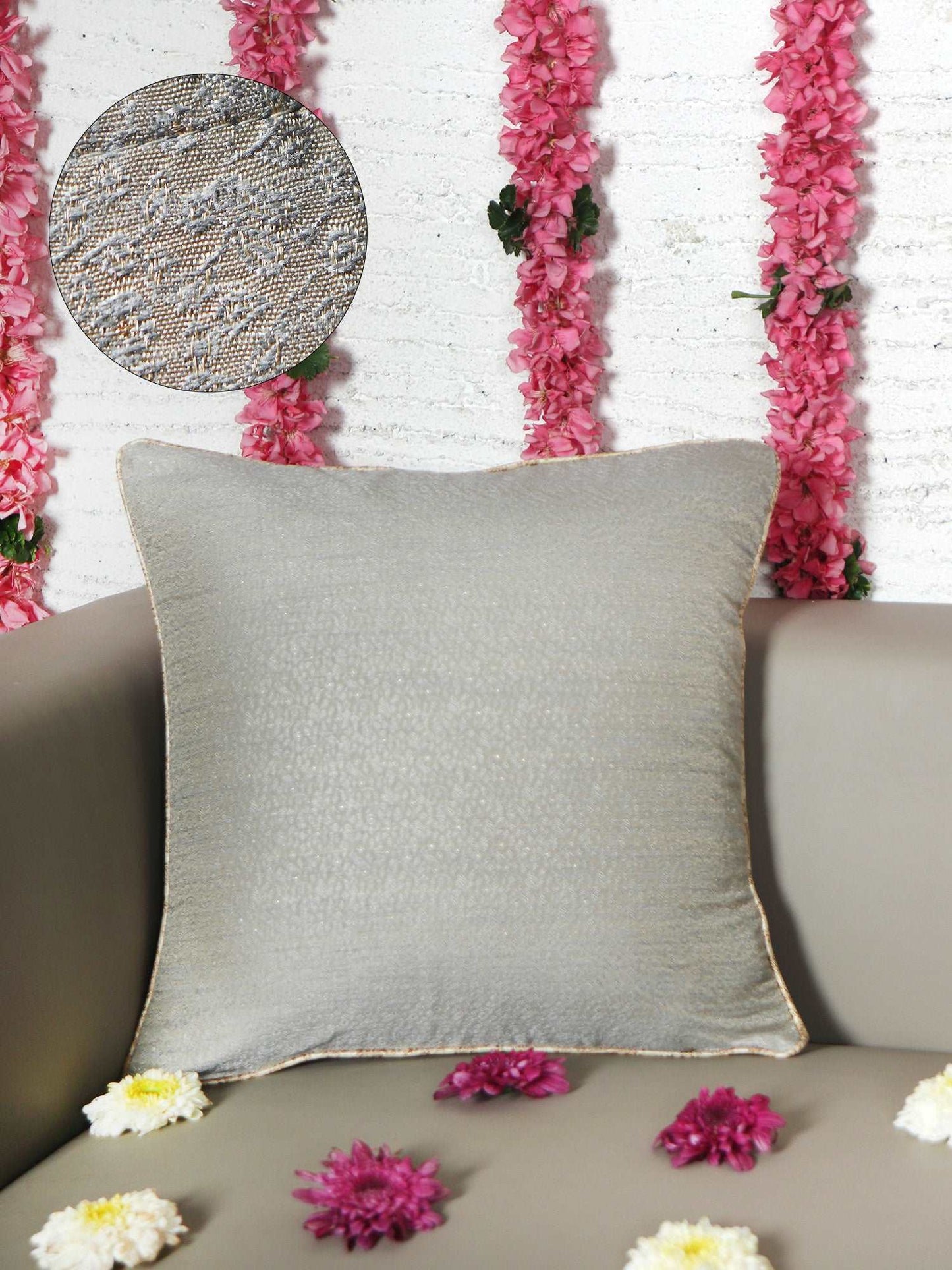 Cushion Cover for Sofa, Bed | Brocade Silk with Cord Piping| Reversible Front & Back | Grey - 16x16in(40x40cm) (Pack of 1)