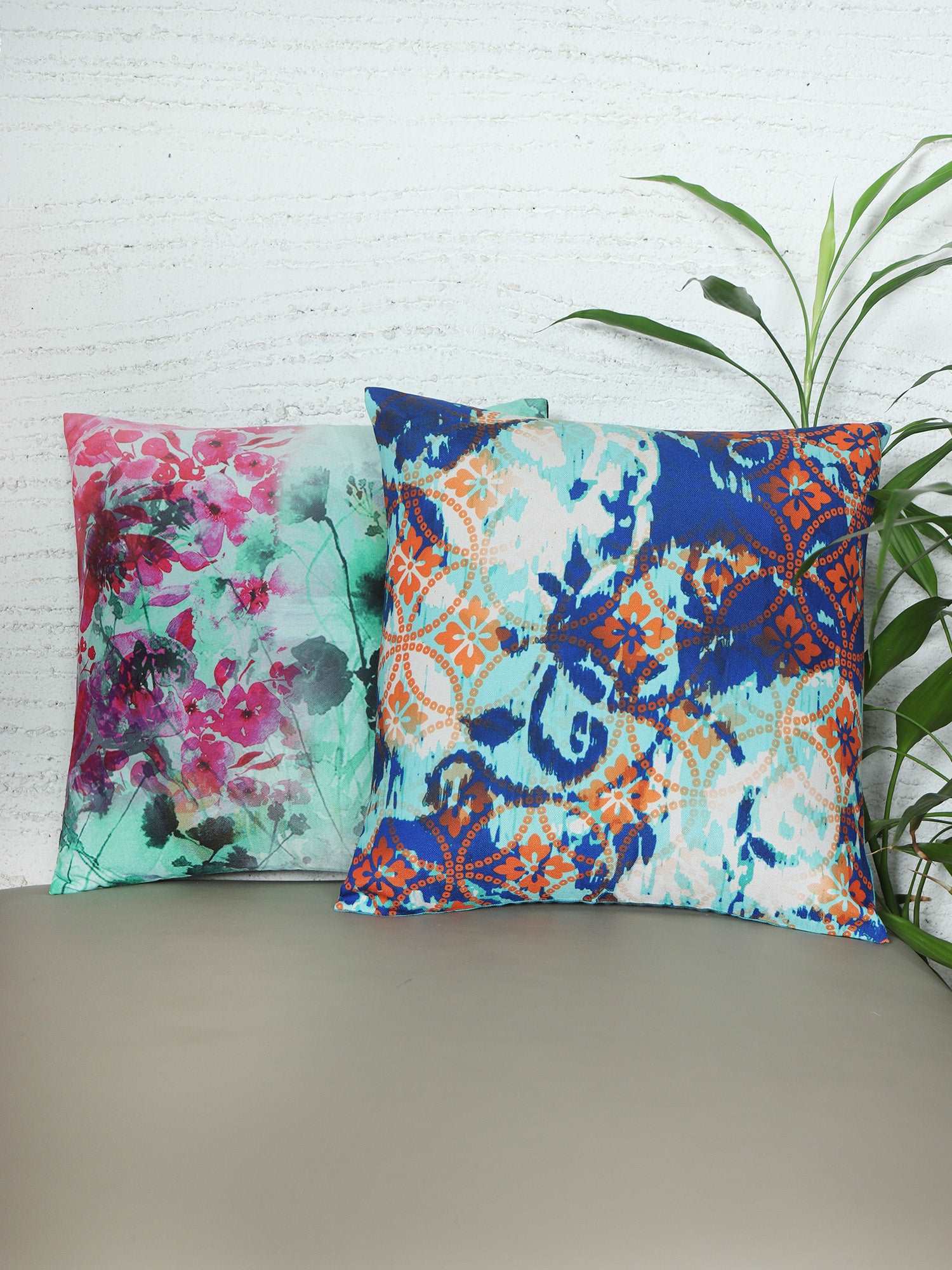Cushion Cover for Sofa, Bed Poly Canvas Ikat Print | Multi color - 16x16in(40x40cm) (Pack of 2)