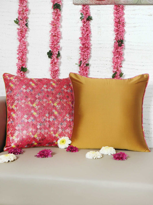 Cushion Cover for Sofa, Bed Varanasi Silk Motif with Cord Piping Pink Gold  - 16x16in(40x40cm) (Pack of 2)