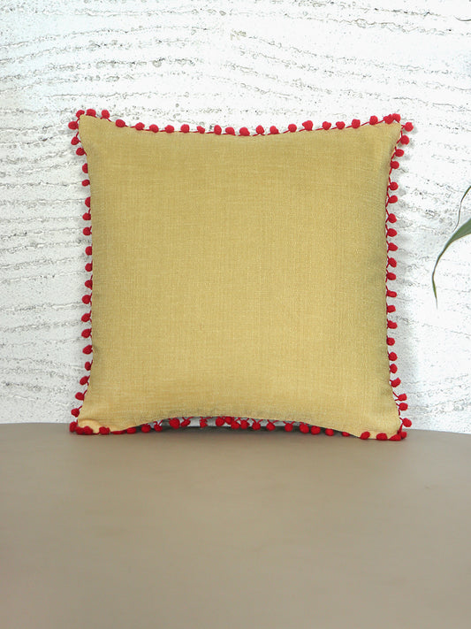 ZEBA World Square Cushion Cover for Sofa, Bed | Red Pompoms on Edges - Cotton Blend | Light Yellow - 16x16in(40x40cm) (Pack of 1)