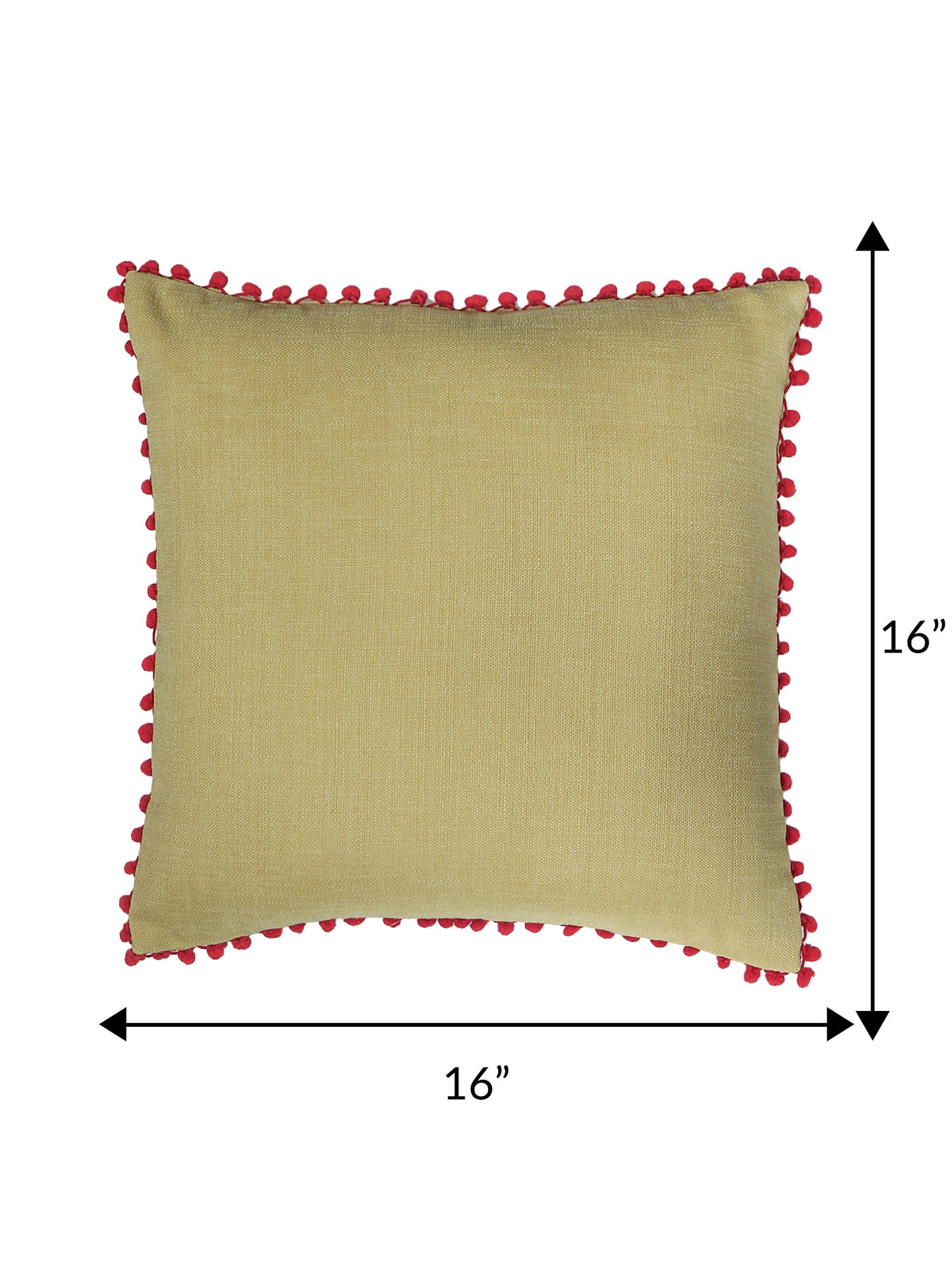 ZEBA World Square Cushion Cover for Sofa, Bed | Red Pompoms on Edges - Cotton Blend | Light Yellow - 16x16in(40x40cm) (Pack of 1)