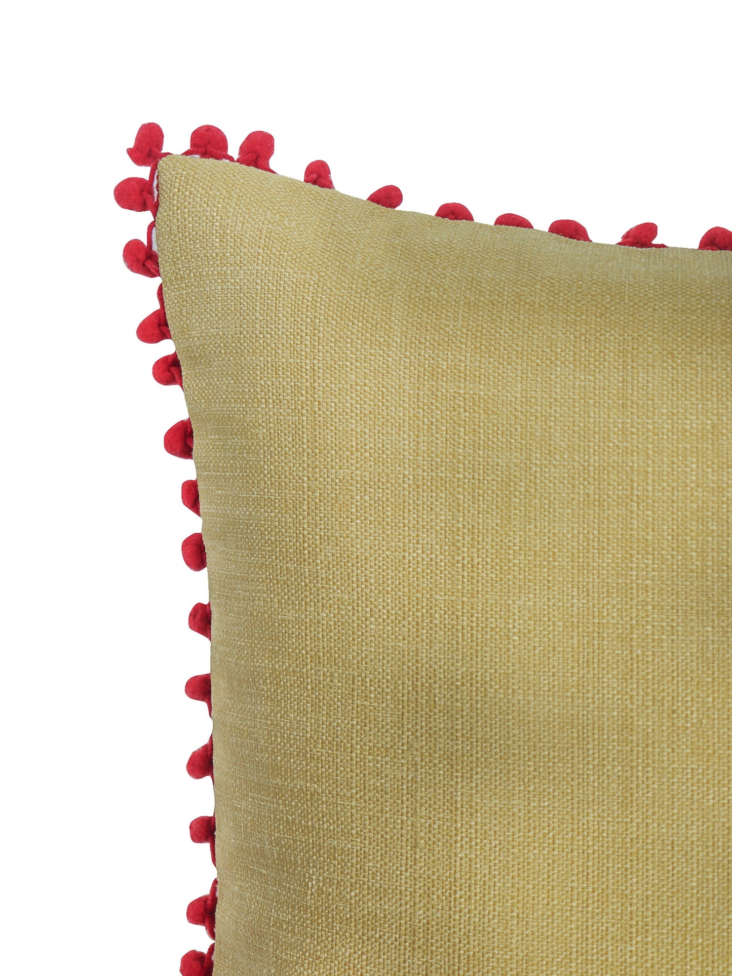 ZEBA World Square Cushion Cover for Sofa, Bed | Red Pompoms on Edges - Cotton Blend | Light Yellow - 16x16in(40x40cm) (Pack of 1)