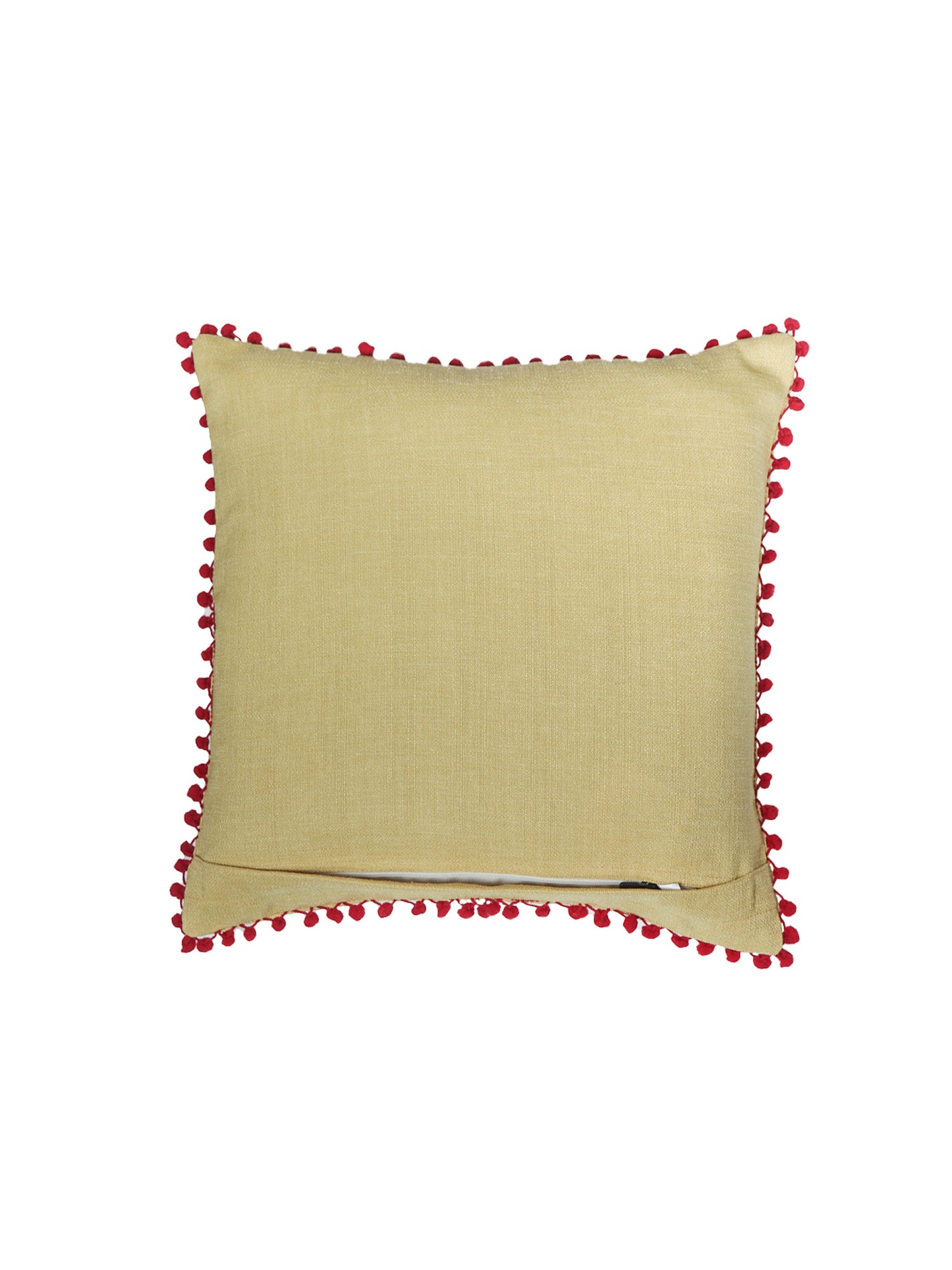ZEBA World Square Cushion Cover for Sofa, Bed | Red Pompoms on Edges - Cotton Blend | Light Yellow - 16x16in(40x40cm) (Pack of 1)
