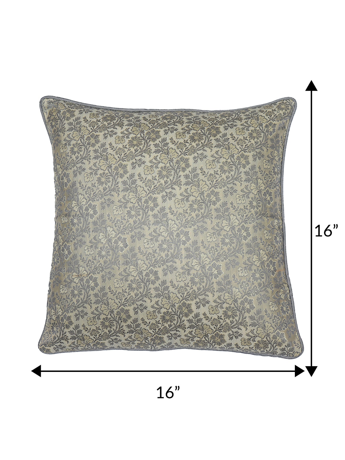 ZEBA World Square Cushion Cover for Sofa, Bed | Banarasi Brocade Silk - Floral Weave with Cord Piping| Grey - 16x16in(40x40cm) (Pack of 1)