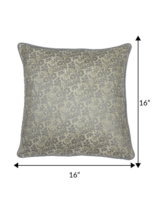 ZEBA World Square Cushion Cover for Sofa, Bed | Banarasi Brocade Silk - Floral Weave with Cord Piping| Grey - 16x16in(40x40cm) (Pack of 1)
