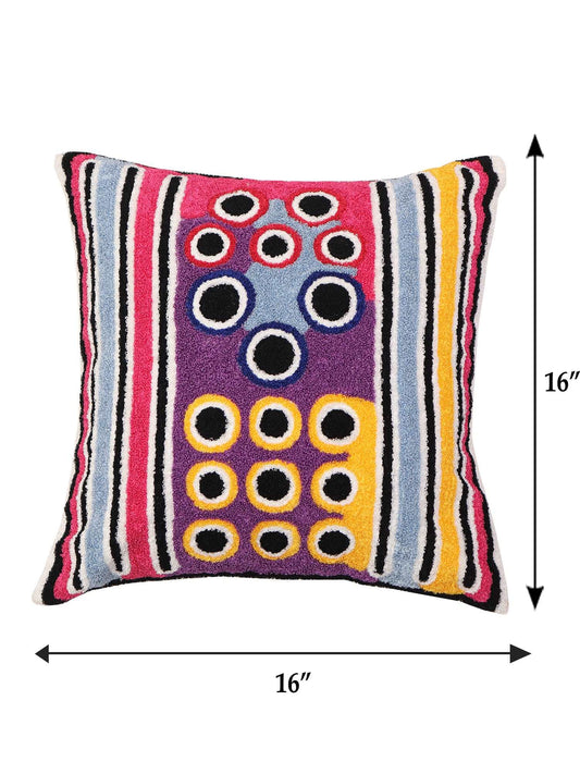 Cushion Cover Cotton Blend Aari Work in Geometric Multi - 16inches X 16inches