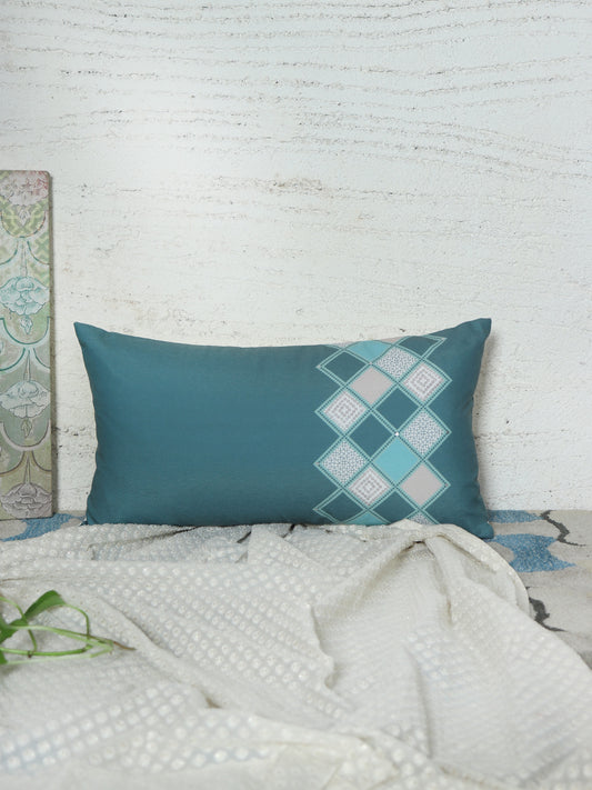 Cushion Cover for Sofa, Bed | Cotton Polyester| Geometric Design | Hand Embroidery | Teal Blue - 12x22in(30x56cm) (Pack of 1)