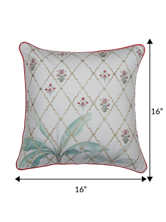 Cushion Cover with Hand Embroidery on Mughal Garden Print with Cord Piping - Cotton Blend | White - 16x16in